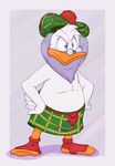  annoyed avian beak beard beret bird clothed clothing duck ducktales eyewear facial_hair flintheart_glomgold front_view frown glasses hands_on_hips hat kilt male mature_male neenya overweight overweight_male solo spats standing topless 