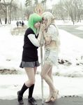  2girls blonde_hair cold cosplay elf green_hair lineage long_hair multiple_girls outdoors photo pointy_ears snow 