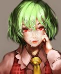  ascot bangs cum cum_in_mouth cum_on_hair facial green_hair grey_background hand_on_own_cheek jubakurei kazami_yuuka lips long_sleeves looking_at_viewer plaid plaid_vest red_eyes simple_background solo touhou upper_body vest 