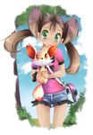  bag bite bracelet brown_hair dark_skin fennekin green_eyes loli pokemon pokemon_(creature) pokemon_(game) pokemon_xy red_eyes sana_(pokemon) shirt short_shorts twintails 