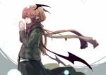  bat_wings black_skirt coat commentary_request demon_girl futatsuki_eru hands_together head_wings koakuma long_hair red_eyes red_hair scarf skirt snowing solo touhou wings winter winter_clothes 
