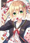  &gt;_&lt; :o anzu_(sumisaki_yuzuna) blonde_hair blueberry blush bow bowtie bun_cover cake cardigan closed_eyes collarbone cookie emblem eyebrows_visible_through_hair food food_themed_hair_ornament fork fruit green_eyes hair_between_eyes hair_ornament hairclip head_tilt holding holding_food holding_fruit long_hair long_sleeves looking_at_viewer open_mouth original pig sailor_collar school_uniform solo strawberry strawberry_hair_ornament strawberry_shortcake sumisaki_yuzuna twintails upper_body 