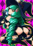  argyle argyle_background ass black_footwear black_gloves black_hat boots breasts cameltoe cat_tail eyeshadow fiore_brunelli gloves green_hair green_lipstick hat high_heel_boots high_heels knee_boots large_breasts lipstick long_hair makeup orb purple_background revealing_clothes ringlets sideboob solo star_ocean star_ocean_integrity_and_faithlessness tail witch_hat yellow_eyes yumedama 