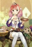  atelier_(series) atelier_escha_&amp;_logy blush braid breasts cleavage creature crumbs dress eating escha_malier food food_on_face green_eyes hat hidari_(left_side) highres holding indoors medium_breasts official_art pie pink_hair plate sitting twintails 