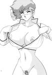  1girl bangs blush bottomless breasts breasts_outside dirty_pair earrings eyebrows_visible_through_hair eyes_closed headband kei_(dirty_pair) large_breasts monochrome no_bra open_shirt pubic_hair short_hair simple_background slender_waist solo uncensored white_background 