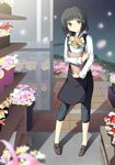 apron black_apron black_hair blurry bouquet brown_eyes capri_pants contrapposto depth_of_field employee_uniform flower flower_shop full_body head_tilt indoors loafers long_sleeves looking_at_viewer low_twintails murano night no_socks object_hug open_door original pants petals pigeon-toed plant potted_plant shadow shelf shoes shop short_hair sky solo standing star_(sky) starry_sky twintails uniform 