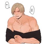  1boy blonde_hair blush leon_kennedy male_focus msucle resident_evil scar solo sweat undressing 