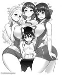  abs breast_rest breasts breasts_on_head commentary girl_sandwich girls_und_panzer greyscale hair_pulled_back harem heart height_difference huge_breasts isobe_noriko kawanishi_shinobu kondou_taeko midriff monochrome multiple_girls navel rebis sandwiched sasaki_akebi smile toned twitter_username yuri 