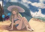  beach bikini blonde_hair braid cloud cosmog day gen_1_pokemon gen_3_pokemon gen_7_pokemon green_eyes hat lapras lillie_(pokemon) long_hair niizuka_(c-drop) one_eye_closed open_mouth outdoors palossand pelipper pokemon pokemon_(creature) pokemon_(game) pokemon_sm sitting sky sun_hat swimsuit twin_braids water white_hat wingull 