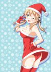  ;d alternate_costume anchor_hair_ornament ass blonde_hair blue_eyes breasts christmas cleavage dress flat_ass gloves hair_ornament hand_on_hip hat ice_crystal kantai_collection looking_at_viewer medium_breasts off-shoulder_dress off_shoulder one_eye_closed open_mouth panties pantyshot pantyshot_(standing) prinz_eugen_(kantai_collection) red_dress red_gloves red_panties santa_costume santa_hat smile snowflake_background solo standing tomokichi twintails underwear v 