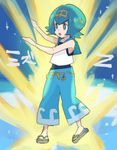  :o baggy_pants bare_arms black_pants blue_eyes blue_hair blue_sailor_collar blue_swimsuit bright_pupils capri_pants chiimako crop_top full_body hairband one-piece_swimsuit open_mouth pants pokemon pokemon_(game) pokemon_sm sailor_collar sandals shirt short_hair sleeveless sleeveless_shirt solo standing suiren_(pokemon) swimsuit swimsuit_under_clothes trial_captain z-move 