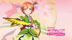  angelic_angel artist_request bell blush fan floral_print green_eyes hair_ornament hair_stick hand_on_hip highres holding hoshizora_rin japanese_clothes looking_at_viewer love_live! love_live!_school_idol_project love_live!_the_school_idol_movie obi official_art orange_hair sash short_hair smile solo zoom_layer 