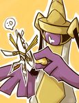  aegislash antennae bright_pupils choco_(maize) gen_6_pokemon gen_7_pokemon kartana legendary_pokemon no_humans open_mouth origami outline pokemon pokemon_(creature) purple_sclera simple_background smile speech_bubble spoken_expression sword ultra_beast weapon white_pupils yellow_background 