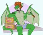  2016 4_fingers anthro caltsar claws clothing collar dragon eating fangs food green_scales hair half-closed_eyes jeanwoof ketchup leather licking licking_lips looking_at_viewer male markings membranous_wings multicolored_scales open_mouth orange_hair purple_eyes scales scalie simple_background sitting solo tail_ring tattoo tongue tongue_out two_tone_scales underwear wings 