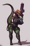  2016 android big_breasts black_nipples blue_eyes boots breasts clothing dragon female footwear gun horn invalid_tag looking_at_viewer machine nipples ranged_weapon reptile rifle robot scalie soldier talynn weapon 