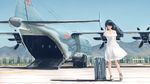 aircraft airplane airport arm_behind_back bare_shoulders black_hair blue_sky closed_eyes day dress hallelujah_zeng hand_in_hair highres long_hair military military_vehicle mountain original outdoors people's_liberation_army_air_force rolling_suitcase sandals shaanxi_y-9 sky smile solo sundress white_dress wind 