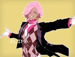  argyle blue_eyes character_name fabulous formal gloves highres ilima_(pokemon) male_focus necktie outstretched_arm pink_hair pink_shirt pokemon pokemon_(game) pokemon_sm shirt sly-8 smile solo suit trial_captain yellow_background 