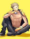  abs belt brown_hair full_body gloves holding holding_poke_ball jacket_on_shoulders looking_to_the_side male_focus muscle nipples orange_gloves pants parted_lips poke_ball pokemon pokemon_go shadow shirtless simple_background sitting smile solo spark_(pokemon) wadani_hitonori yellow yellow_background 