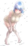  bangs bare_shoulders blue_eyes blue_hair blunt_bangs braid breasts commentary_request covered_nipples elbow_gloves eyebrows_visible_through_hair full_body gloves highres kezune_(i-_-i) knees_together_feet_apart large_breasts leaning_forward looking_at_viewer no_bra original ribbed_sweater short_hair sleeves_rolled_up solo sweater thighhighs white_gloves white_legwear yuki_onna zettai_ryouiki 