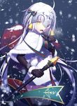  ahoge artist_name bell black_gloves black_legwear capelet cowboy_shot dress elbow_gloves fang fate/grand_order fate_(series) food food_in_mouth from_side fur_trim gloves green_ribbon headpiece holding holding_weapon jeanne_d'arc_(fate)_(all) jeanne_d'arc_alter_santa_lily long_hair looking_at_viewer looking_back magicians_(zhkahogigzkh) open_mouth pocky red_ribbon ribbon sack sanpaku short_dress silver_hair snow solo striped striped_ribbon thighhighs very_long_hair weapon white_capelet white_dress yellow_eyes 