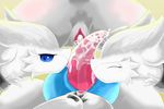  anal blue_eyes cum cum_inside dengon legendary_pok&eacute;mon licking lugia messy nintendo on_top one_eye_closed oral orgasm penis pok&eacute;mon pussy reshiram sex simple_background tongue tongue_out video_games 