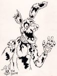  2016 animatronic anthro damaged five_nights_at_freddy&#039;s five_nights_at_freddy&#039;s_3 front_view fur grin hi_res ink_stains lagomorph long_ears machine male mammal monochrome open_mouth paws rabbit robot simple_background smile solo springtrap_(fnaf) standing teeth traditional_media_(artwork) video_games wires 