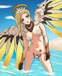  adapted_costume blonde_hair blue_eyes blue_sky breasts c-string cloud cowboy_shot day farsight93 glowing glowing_wings high_ponytail leaning_forward looking_at_viewer mechanical_halo mechanical_wings medium_breasts mercy_(overwatch) navel outdoors overwatch sketch sky smile solo spread_wings swiss_flag tattoo wading water wings yellow_wings 