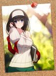  black_hair blue_eyes blush book breasts corkboard hairband highres holding holding_book idolmaster idolmaster_cinderella_girls jewelry large_breasts long_hair off-shoulder_sweater open_mouth photo_(object) rheez ribbed_sweater sagisawa_fumika smile solo sweater 