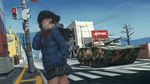  armored_personnel_carrier august1st black_hair breath city coat commentary cowboy_shot digital_camouflage down_jacket ground_vehicle hallelujah_zeng hand_in_pocket long_hair military military_vehicle motor_vehicle original people's_liberation_army road scarf sketch skirt solo street traffic_light winter winter_clothes winter_coat 