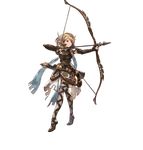  aiming arrow bag belt blonde_hair bow_(weapon) brown_eyes djeeta_(granblue_fantasy) drawing_bow elbow_gloves feathers fingerless_gloves full_body gloves granblue_fantasy holding holding_arrow holding_bow_(weapon) holding_weapon looking_away minaba_hideo official_art outstretched_arm quiver ranger_(granblue_fantasy) short_hair shoulder_pads skirt solo standing thighhighs transparent_background weapon zettai_ryouiki 
