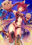  ;d animal_ears armor ass_visible_through_thighs bikini_armor boots bow bowtie breasts breasts_apart building cape cerberus_(shingeki_no_bahamut) choker city commentary_request dog_ears fukai_ryousuke gauntlets gloves granblue_fantasy leg_up long_hair medium_breasts midriff navel night night_sky one_eye_closed open_mouth red_eyes red_hair shingeki_no_bahamut short_hair sky smile solo standing standing_on_one_leg star_(sky) starry_sky thigh_boots thighhighs twintails 
