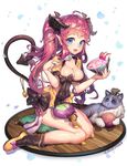  animal bag basket blue_eyes boots bowl breasts cat cleavage demon_tail dress drooling eating food full_body holding horns knees_together_feet_apart long_hair medium_breasts muloli open_mouth original pillow pink_hair pointy_ears red_hair short_dress sitting smile spoon tail tail_hold 