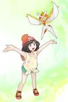  :d antennae armpits beanie black_hair blue_eyes blush bra chiimako collarbone eyelashes floral_print full_body gen_7_pokemon green_shorts hat kartana legendary_pokemon looking_up mizuki_(pokemon) open_mouth origami outstretched_arms poke_ball_theme pokemon pokemon_(game) pokemon_sm red_hat shirt shoes short_hair short_sleeves shorts smile sneakers standing teeth tongue ultra_beast underwear white_bra yellow_shirt z-move z-ring 