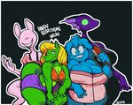  2016 alligator anthro big_breasts bikini bikini_top black_background blonde_hair blue_body blue_hair breasts caimon cleavage clothed clothing crocodilian english_text eyelashes eyeless female gillou gnathodelli green_eyes grin group hair huge_breasts mangneto monster monstro_village nymph pink_body purple_body reptile scalie sharp_teeth simple_background slightly_chubby swimsuit teeth text towel veronica_(the_weaver) wet wide_hips 