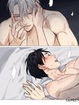  black_hair blue_eyes blush closed_eyes gearous hands_on_another's_face hickey implied_sex jewelry katsuki_yuuri lying male_focus multiple_boys on_back open_mouth ring silver_hair sweat tears viktor_nikiforov yaoi yuri!!!_on_ice 