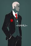  character_name flower formal hands_in_pockets highres kuchinashi_(pokemon) lily_(flower) male_focus necktie pinstripe_suit pokemon pokemon_(game) pokemon_sm red_eyes sly-8 solo standing striped suit text_focus waistcoat white_hair 
