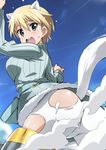  animal_ears ass blonde_hair blue_eyes blue_sky blush brave_witches cloud commentary condensation_trail day eyebrows_visible_through_hair fur_trim highres looking_at_viewer looking_back nikka_edvardine_katajainen open_mouth pantyhose pouch short_hair sky smoke solo striker_unit sweatdrop sweater tail tail_raised tokiani torn_clothes torn_legwear weasel_ears weasel_tail white_legwear world_witches_series 