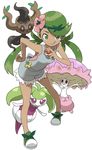  1girl :q apron bare_arms bare_shoulders closed_mouth cutoffs dark_skin flower full_body green_eyes green_hair green_shoes hair_flower hair_ornament hand_on_hip highres holding holding_poke_ball leaning_forward looking_at_viewer mao_(pokemon) no_socks perspective phantump poke_ball pokemon pokemon_(creature) pokemon_(game) pokemon_sm shiinotic shoes shorts simple_background sleeveless smile steenee tareme tongue tongue_out trial_captain twintails white_background yamamoto_souichirou 