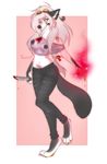  4_toes 5_fingers anthro barefoot black_nose breasts canine clothing digitigrade ear_piercing female fox hair holding_object holding_weapon knife mammal navel nipples piercing pink_hair purrchinyan smile solo standing toes translucent transparent_clothing weapon wide_hips yellow_eyes 