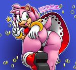  1girl amy_rose ass ass_grab bare_shoulders boots breasts deep_skin dress from_behind green_eyes hairband looking_at_viewer looking_back open_mouth panties pink_hair sega skirt smile solo sonic_the_hedgehog soubriquetrouge underwear upskirt v 