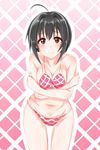  ahoge bad_id bad_pixiv_id bikini black_hair blush breast_squeeze breasts brown_eyes crossed_arms embarrassed highres idolmaster idolmaster_cinderella_girls kohinata_miho looking_at_viewer medium_breasts nervous_smile plaid plaid_bikini shirushiru_(saitou888) short_hair solo swimsuit 