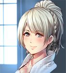  backlighting bangs blush braid closed_mouth commentary_request crown_braid day eyebrows_visible_through_hair final_fantasy final_fantasy_xv go-it grey_eyes grey_hair high_ponytail indoors looking_at_viewer lunafreya_nox_fleuret portrait sample signature smile solo sunlight swept_bangs watermark window 