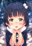  black_hair blush breath brown_eyes hair_bobbles hair_ornament hands_together highres idolmaster idolmaster_million_live! looking_at_viewer nakatani_iku narumi_arata open_mouth short_hair side_ponytail snow solo 