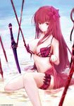  adapted_costume bad_id bad_pixiv_id bangs bare_shoulders bikini breasts cleavage collarbone dyolf fate/grand_order fate_(series) flower from_side gae_bolg gae_buidhe gae_dearg hair_flower hair_ornament hibiscus holster large_breasts long_hair looking_at_viewer looking_to_the_side navel partially_submerged planted_weapon purple_bikini purple_hair red_eyes revision sarong scathach_(fate)_(all) scathach_(swimsuit_assassin)_(fate) solo stomach swimsuit thigh_holster very_long_hair weapon 