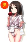  azumanga_daiou bag brown_eyes brown_hair candy_apple eating fish food front-tie_top fundoshi goldfish groin highres holding japanese_clothes kasuga_ayumu long_hair no_pants open_mouth plastic_bag shirt solo tango_(tn500) thigh_gap thighs underwear water yamakasa 