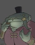  2015 3_fingers anthro catfish claws clothed clothing colored digital_drawing_(artwork) digital_media_(artwork) empty_eyes fish front_view green_claws green_scales grey_background grin half-length_portrait hat jewelry league_of_legends mamusho marine obese overweight portrait red_clothing ring scales shaded shirt signature simple_background solo tahm_kench_(lol) top_hat video_games yellow_eyes 