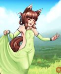  1girl :d ^_^ animal_ears armpits artist_name barbariank bare_shoulders bracelet breasts bridal_gauntlets brown_hair closed_eyes cloud dress elbow_gloves enja_niuhali eyebrows_visible_through_hair flower folded_ponytail fox_ears fox_tail gloves grass green_dress green_gloves happy highres jewelry long_hair lotte_no_omocha! nature open-back_dress open_mouth outdoors skirt_hold sky small_breasts smile solo tail 