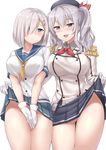  :d ass_visible_through_thighs assisted_exposure beret black_skirt blue_eyes blush breasts buttons covering covering_crotch embarrassed epaulettes frilled_sleeves frills gloves groin hair_ornament hair_over_one_eye hairclip hamakaze_(kantai_collection) hat kantai_collection kashima_(kantai_collection) kerchief large_breasts lifted_by_another lifted_by_self looking_at_viewer medium_breasts military military_uniform miniskirt multiple_girls neckerchief no_panties open_mouth own_hands_together pleated_skirt sama_samasa school_uniform serafuku short_hair silver_hair simple_background skirt skirt_lift smile thigh_gap twintails uniform v_arms wavy_hair white_background white_gloves yellow_neckwear 
