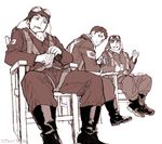  artist_name boots chair cigarette crossed_legs cup drifters goggles goggles_on_head indesign kanno_naoshi male_focus mug multiple_boys pilot pilot_helmet pilot_uniform sepia sitting smile spread_legs twitter_username 