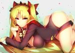  ass blonde_hair breasts cleavage earrings ereshkigal_(fate/grand_order) fate/grand_order fate_(series) jewelry large_breasts long_hair looking_at_viewer lying on_stomach red_eyes saisarisu skull smile solo thighs twintails 